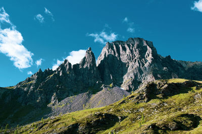 Panoramic view of landscape and mountains against blue sky