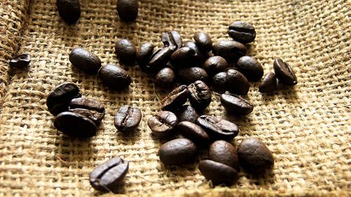 High angle view of coffee beans on table