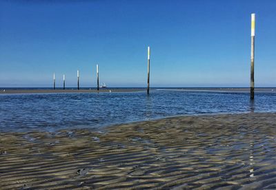 Scenic view of sea against clear blue sky