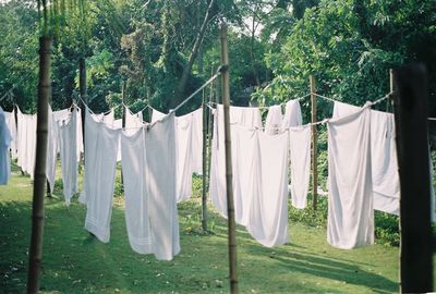 Low angle view of white sheets drying on a bamboo washing line