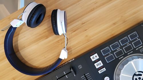 Close-up of headphones on table