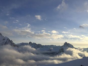 Scenic view of snowcapped mountains against sky