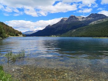 Scenic view of lake by mountains against sky