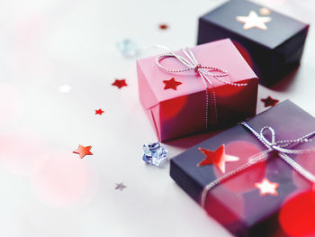 High angle view of christmas decorations on table