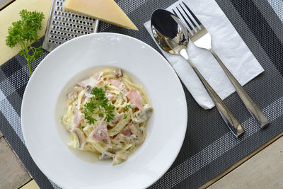 Directly above shot of spaghetti with cheese and meat in plate