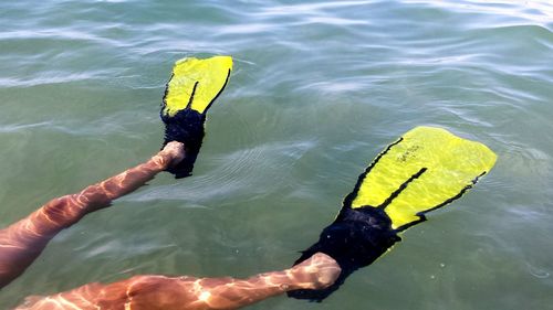 Low section of person wearing diving flippers while swimming in sea