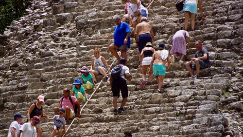 High angle view of people on staircase