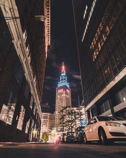 View of city buildings at night