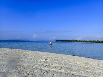 Rear view of person on beach against sky