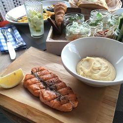 High angle view of food served on table