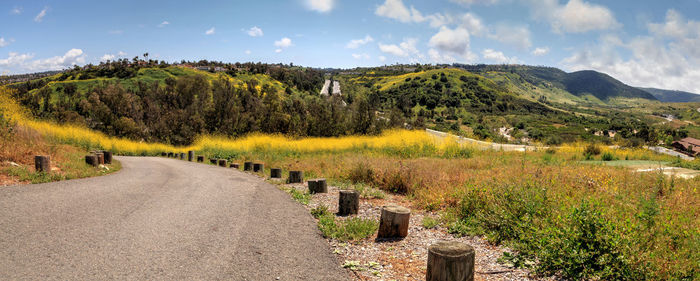 Road amidst green landscape against sky