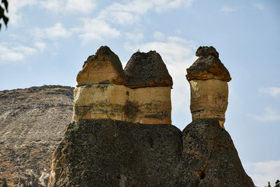 Low angle view of rock formation against sky