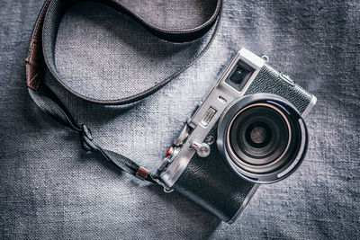 High angle view of camera on table