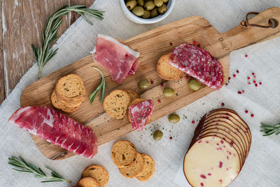 High angle view of food on cutting board