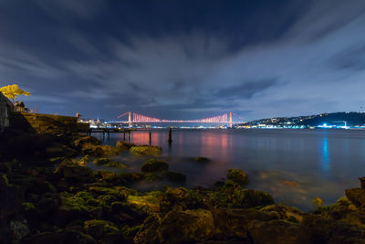 Illuminated bridge over sea against sky at night