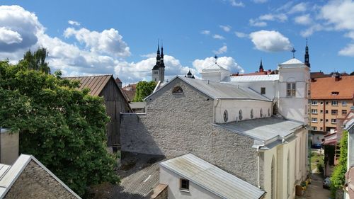 High angle view of built structures against sky