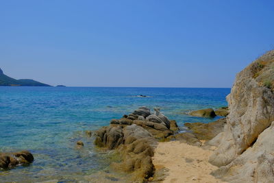 Scenic view of sea against clear blue sky