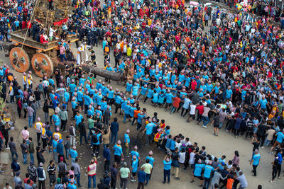 Devotees pull chariots as they take part in the festivities to mark the rato machindranath chariot.