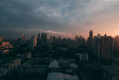 High angle view of city at sunset