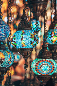 Close-up of illuminated lanterns