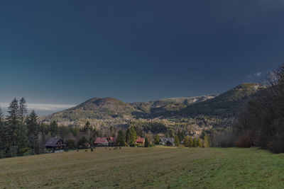 Scenic view of field against clear sky