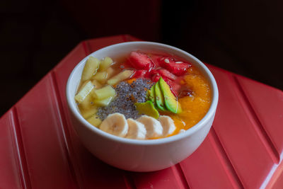 High angle view of soup in bowl on table