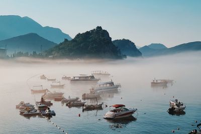 High angle view of boats in sea