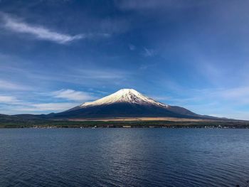 Scenic view of lake by mountains against sky