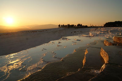 Travertine pools at pamukkale during sunset