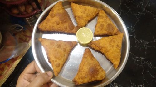 High angle view of person having food