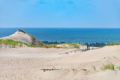 Scenic view of beach against clear blue sky