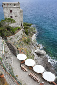 High angle view of historic building by sea