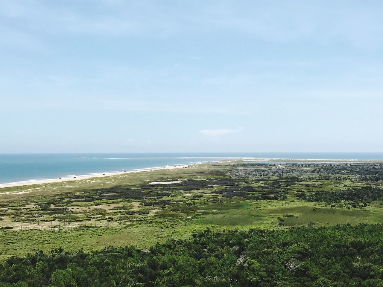 sea, horizon over water, nature, water, beauty in nature, scenics, landscape, tranquility, tranquil scene, vegetation, sky, green, scenery, environment, grass, outdoors, beach, day, green color, no people, horizon, blue sky