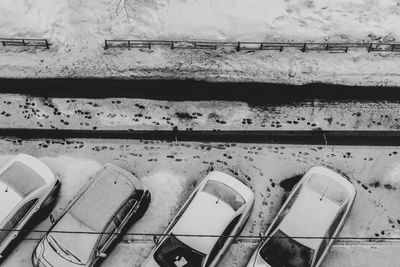 High angle view of snow covered car