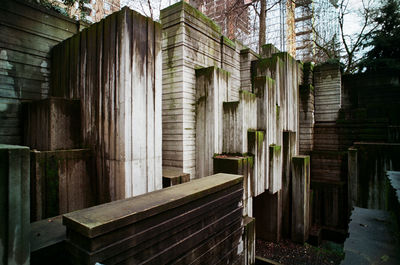 Empty bench in abandoned building