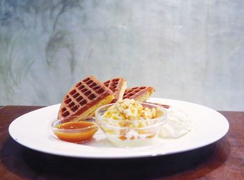 Close-up of waffle served in plate