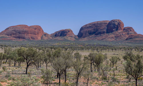 Scenic view of rocky mountains against clear sky