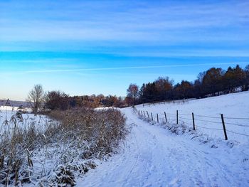 Snow covered field against sky