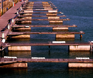 High angle view of diving platforms over sea