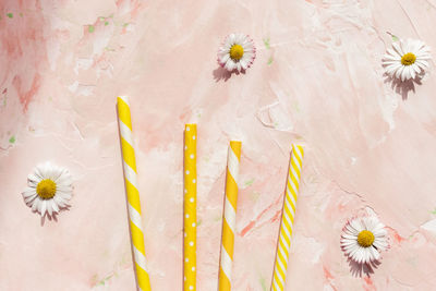 Paper straws on pastel pink summer with flowers background