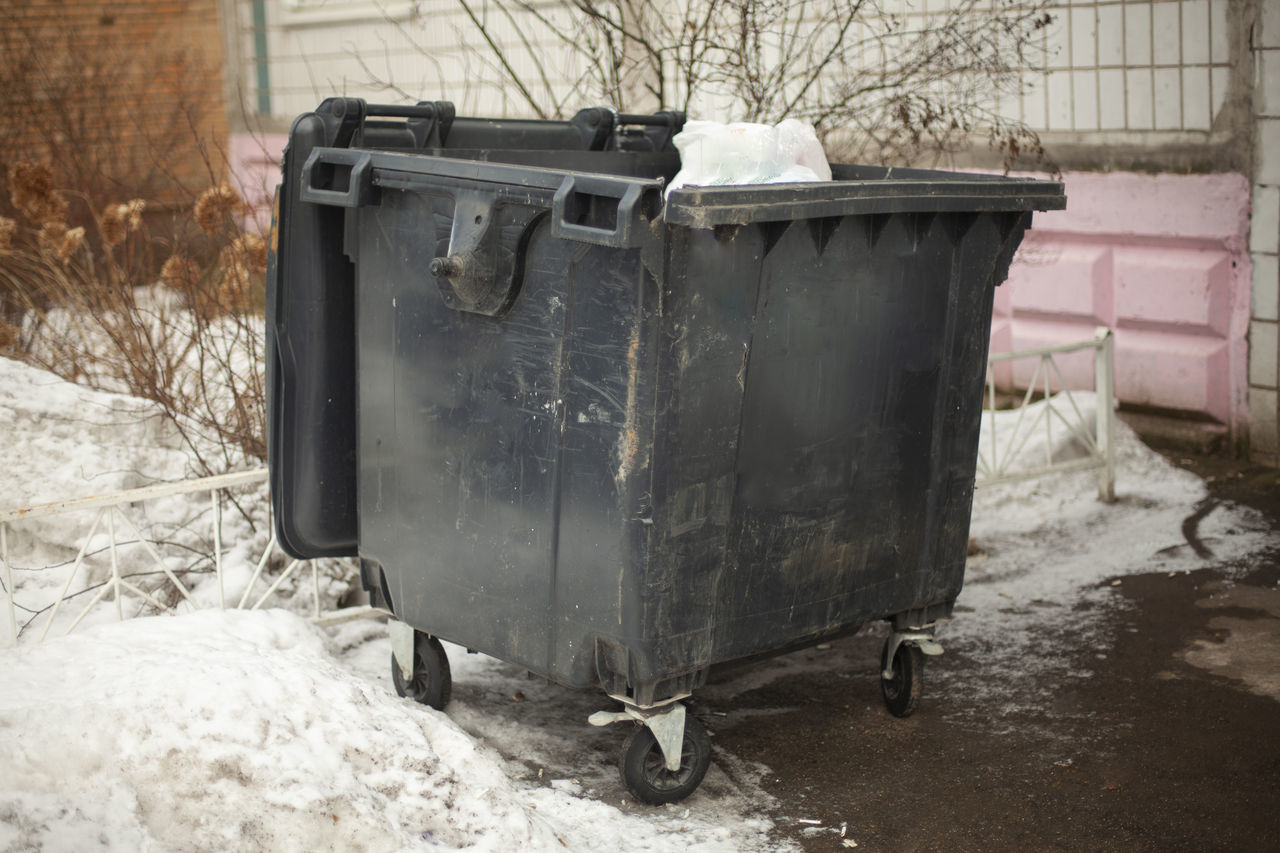 snow, winter, waste container, cold temperature, garbage bin, nature, no people, architecture, garbage, day, abandoned, environment, built structure, garbage can, metal, outdoors, old, recycling, building exterior