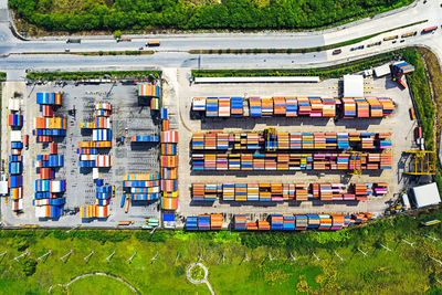 Container loading and unloading port, aerial view of business logistic import and export freight.