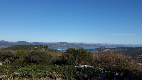 Scenic view of landscape against clear blue sky