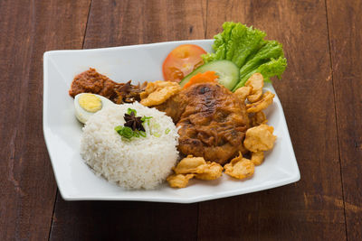 High angle view of food in plate on table