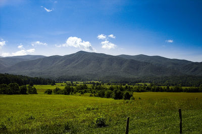 Scenic view of mountains in front of grassy field against blue sky