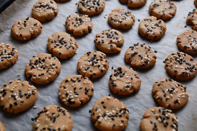 High angle view of cookies on table