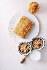 High angle view of breakfast served on table