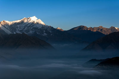 Scenic view of snowcapped mountains against sky