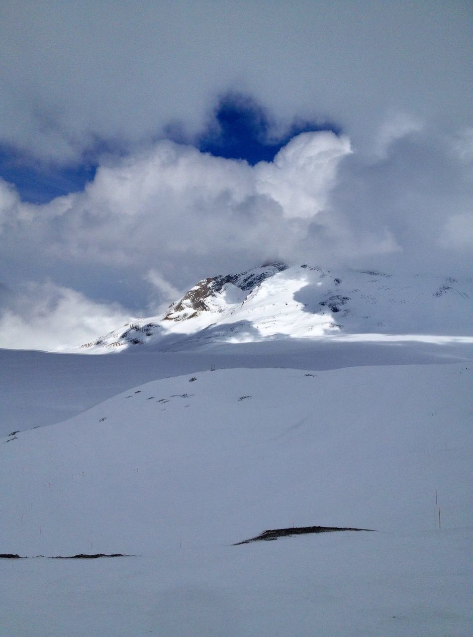 snow, winter, cold temperature, sky, tranquil scene, tranquility, scenics, beauty in nature, weather, cloud - sky, mountain, nature, landscape, season, cloudy, covering, snowcapped mountain, cloud, white color, mountain range