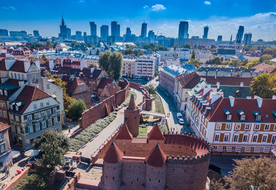 High angle view of buildings in city